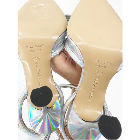 Mach & Mach Silver Iridescent Heels Toe Double Bow Ankle Wrap Straps 38.5 - Picture 8 of 8